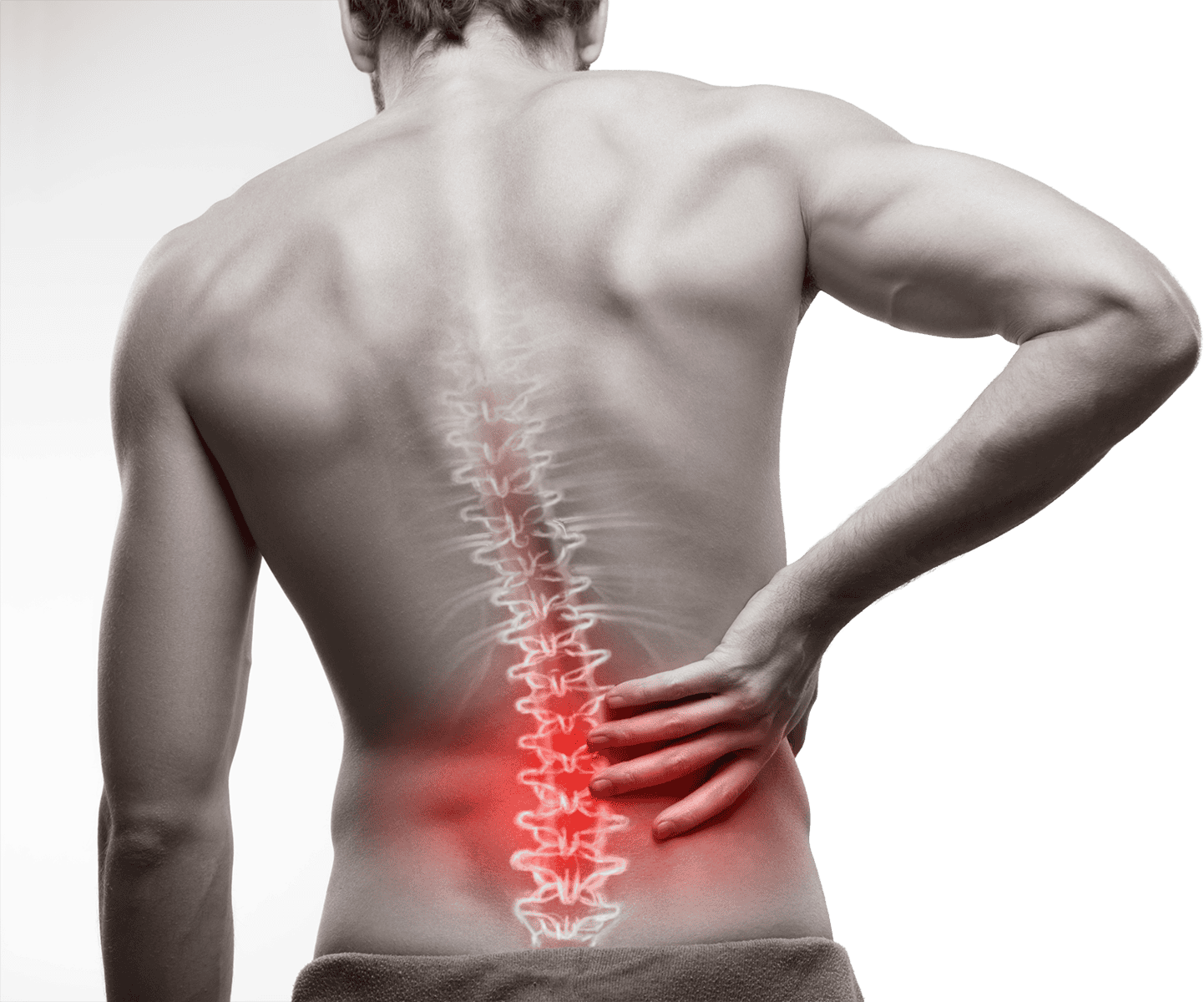 Man experiencing lower back pain with highlighted spine and red area indicating discomfort.