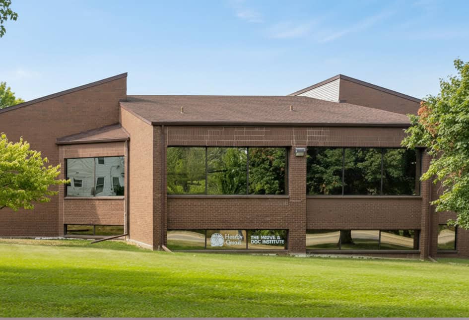 Modern medical facility for nerve and disc treatment in a brick building.