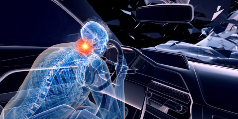 Digital illustration of a person experiencing neck pain from whiplash injury inside a vehicle.